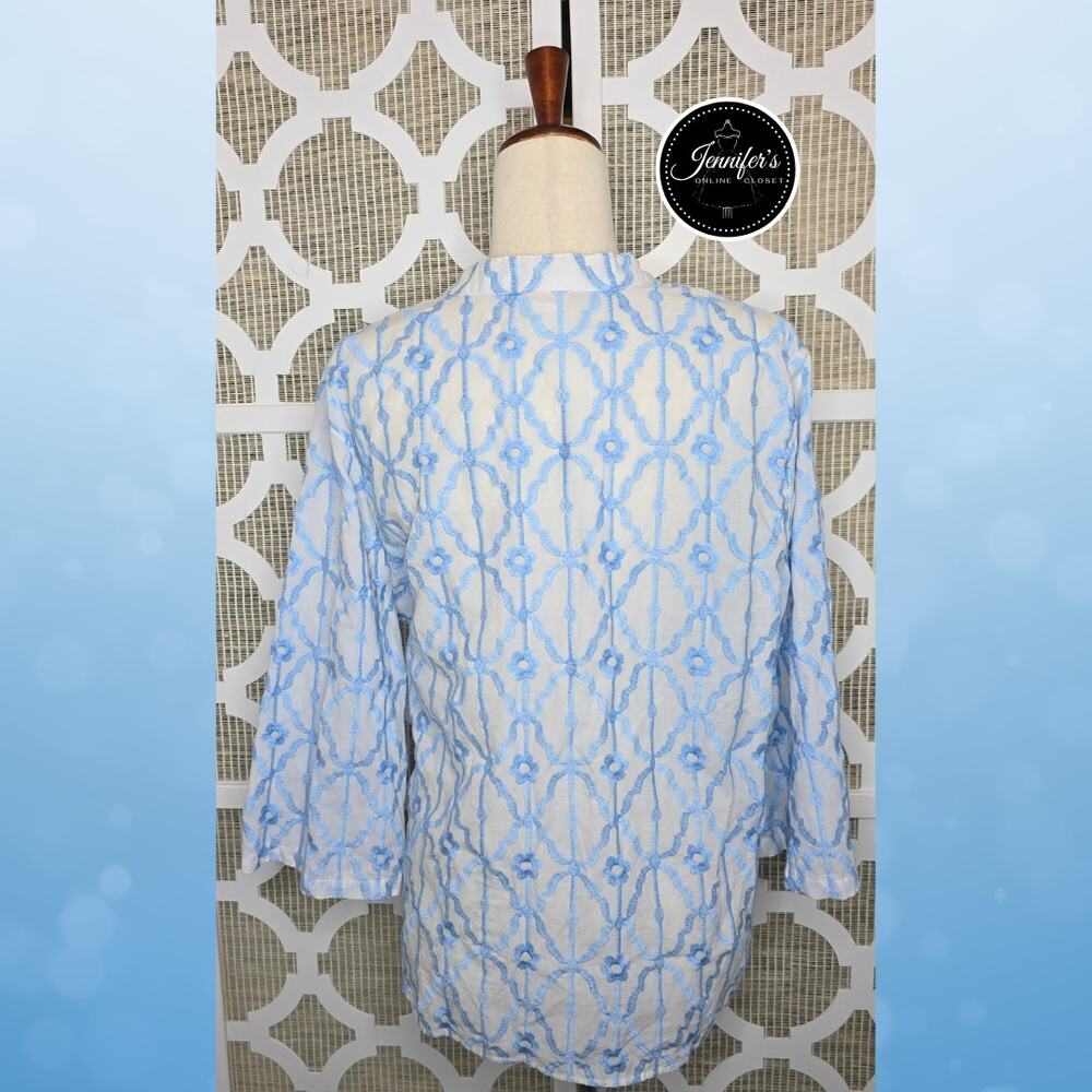 Ruby Rd. Blue & White Embroidered Trellis Pattern Button Front Blouse Size XL - Picture 11 of 14